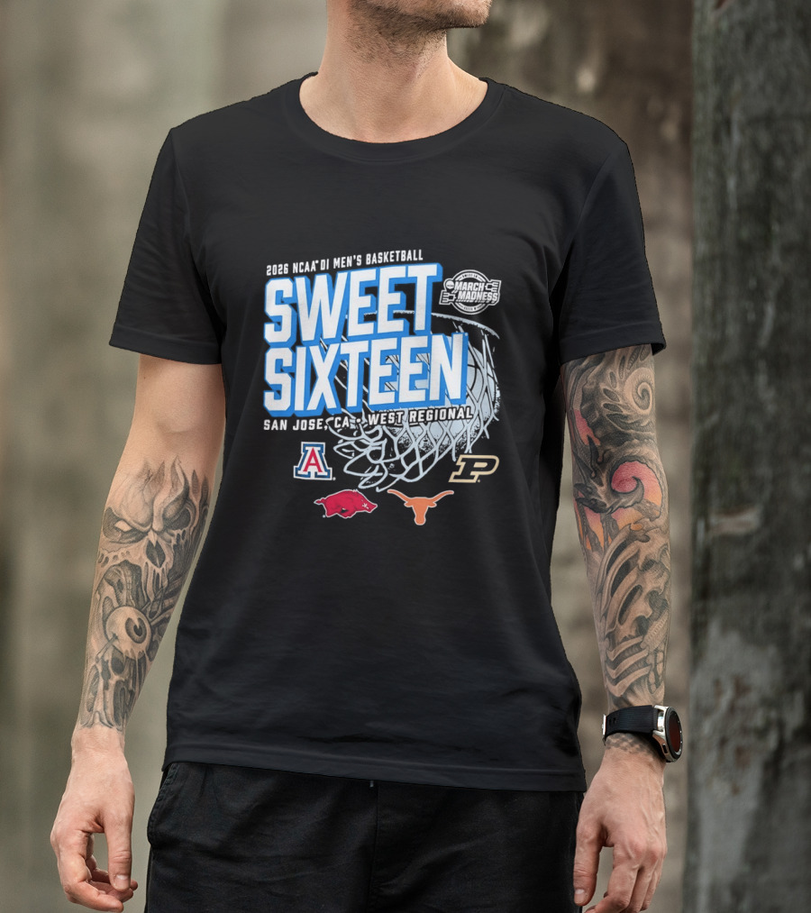 2026 NCAA DI Men's Basketball Sweet Sixteen San Jose West Regional Arizona Arkansas Texas Purdue Logos T-Shirt