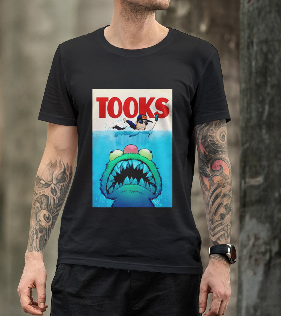 TOOKS Cartoon Giant Monster Inspired By Jaws With Diver And Cap T-Shirt