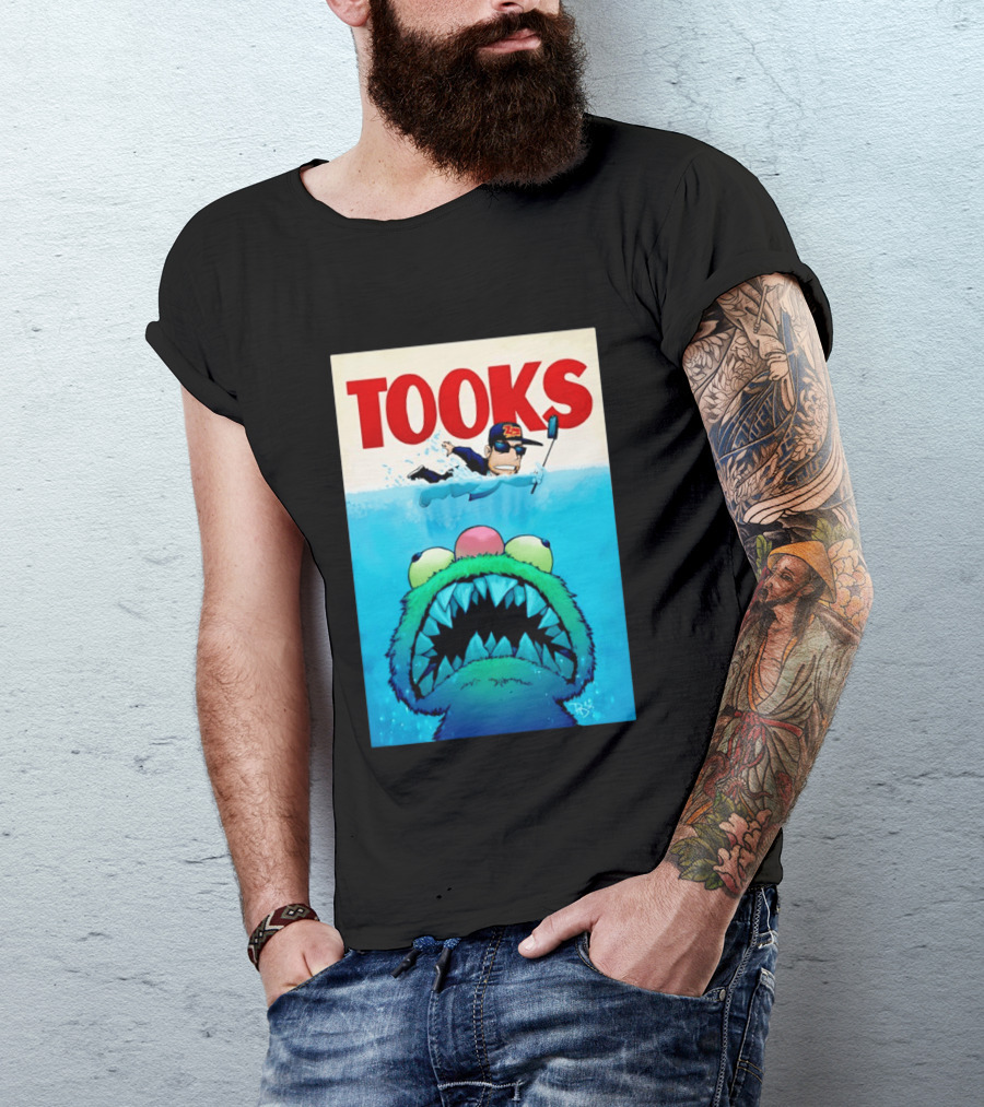 TOOKS Cartoon Giant Monster Inspired By Jaws With Diver And Cap T-Shirt