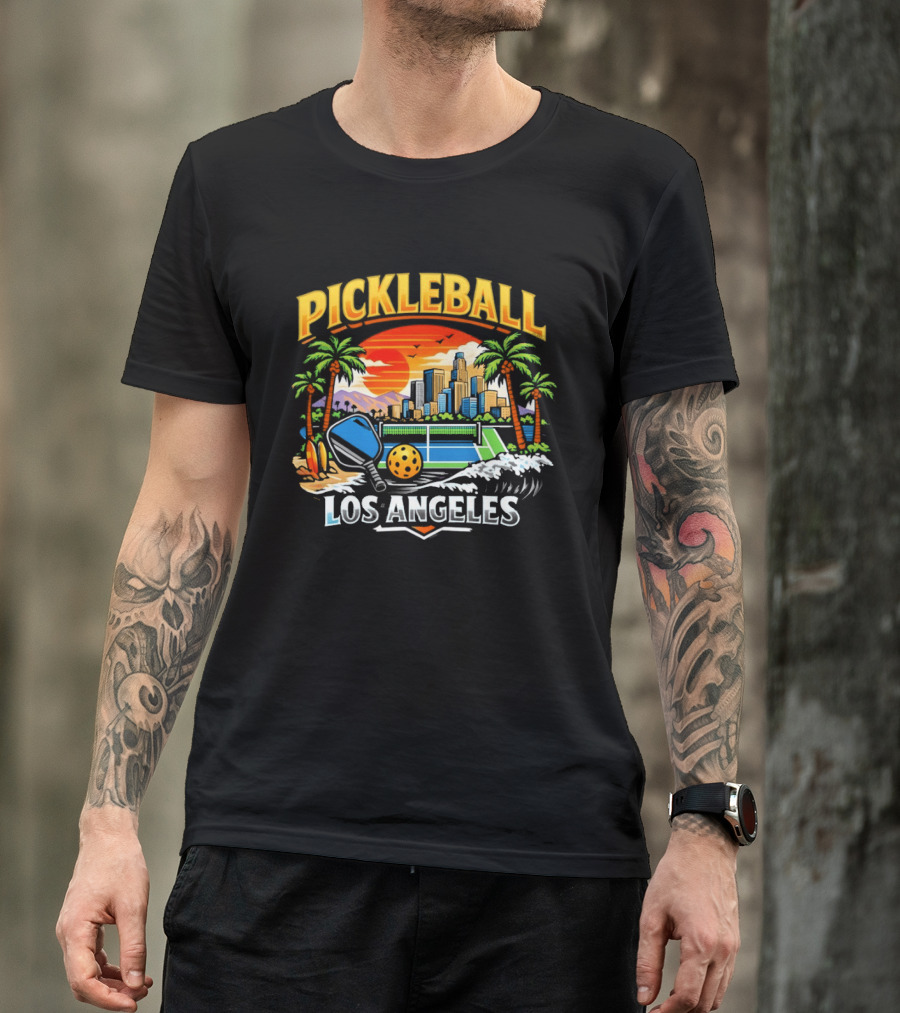 Los Angeles Pickleball City Skyline Sunset Palm Trees T-Shirt