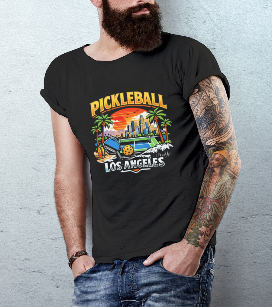 Los Angeles Pickleball City Skyline Sunset Palm Trees T-Shirt