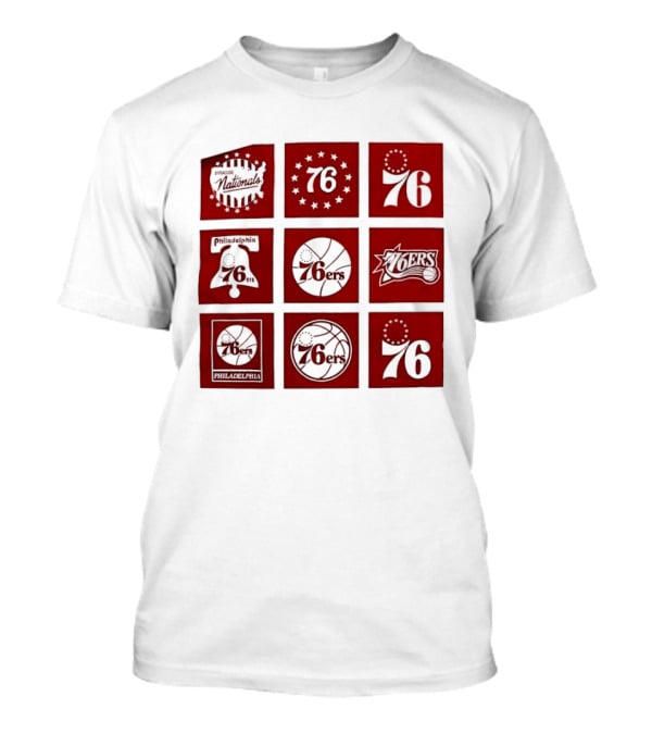 Philadelphia 76ers NBA Team Retro Icons And Number 76 Basketball Squares T-Shirt