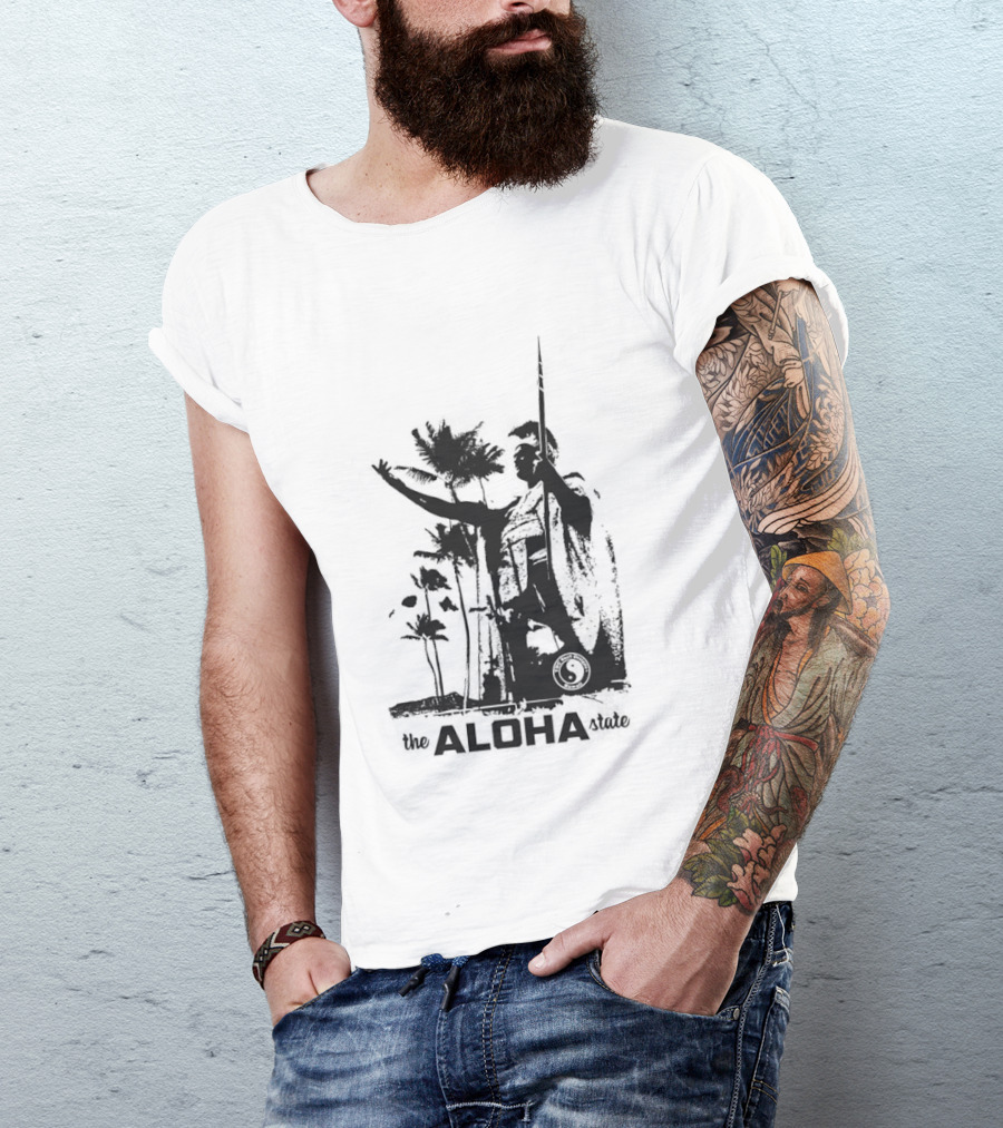 The Aloha State Ka Black White Hawaiian King Statue Palms T-Shirt