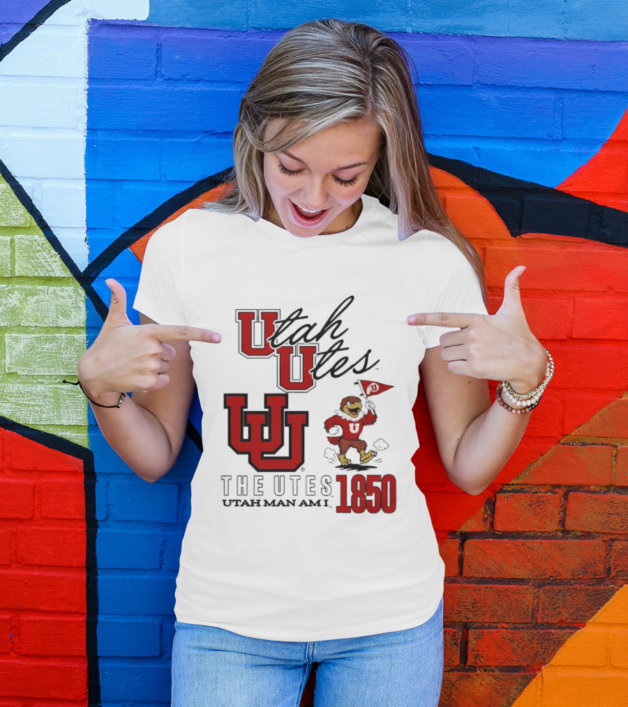 Utah Utes The Utes Utah Man Am I 1850 UU Holding Flag T-Shirt