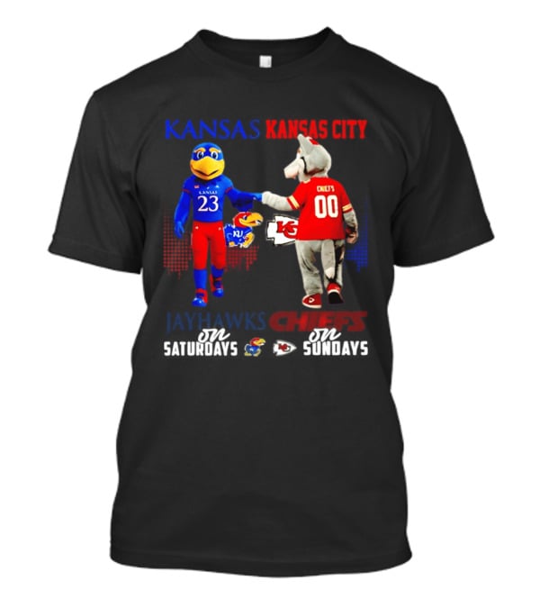 Kansas Jayhawks And Kansas City Chiefs Mascots Fist Bump 23 Vs 00 T-Shirt