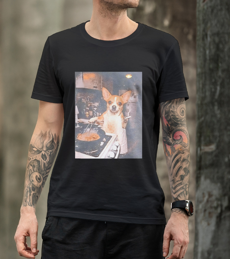 Chihuahua In Apron Cooking While Smoking In Vintage Kitchen Scene T-Shirt