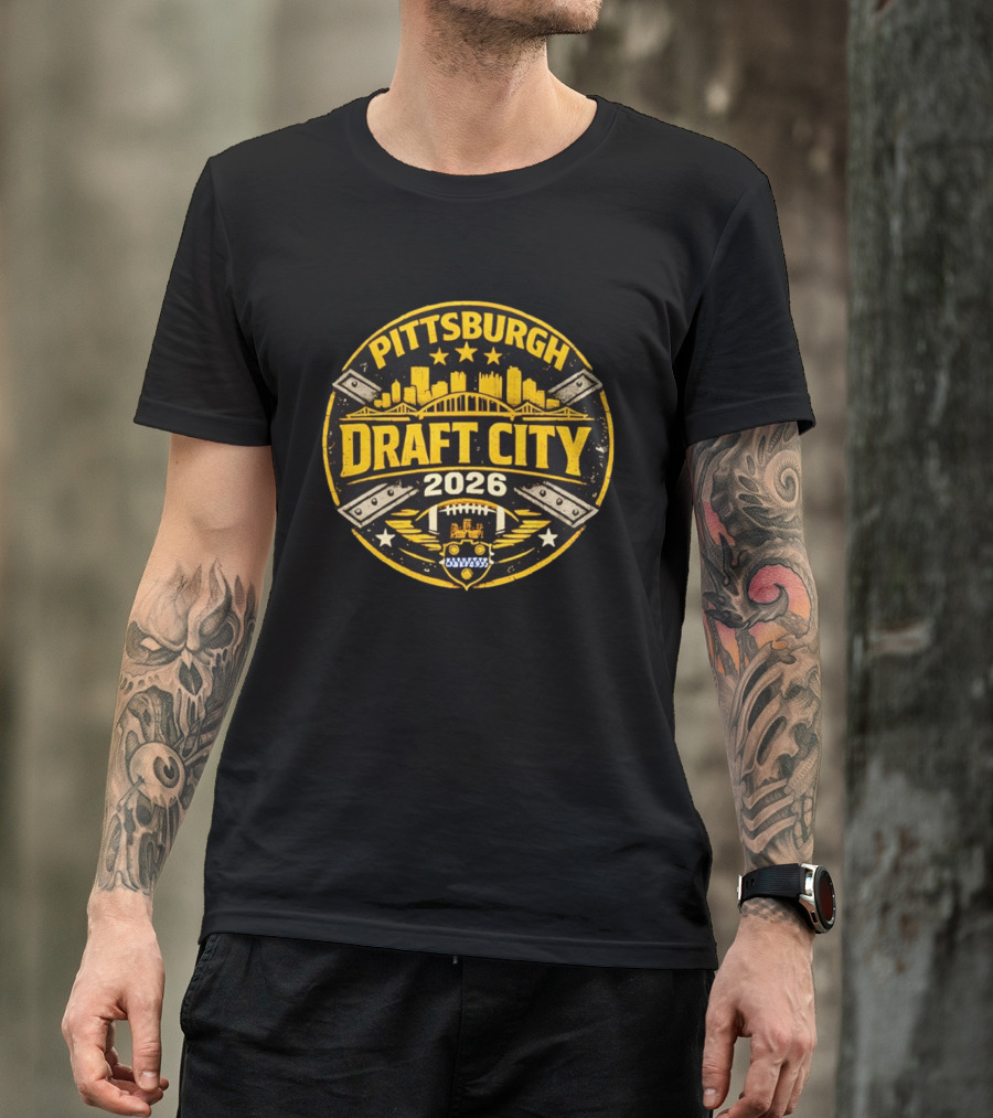 Pittsburgh Draft City 2026 Skyline Football T-Shirt