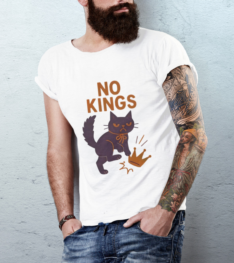 No Kings Black Cat Kicking Crown T-Shirt