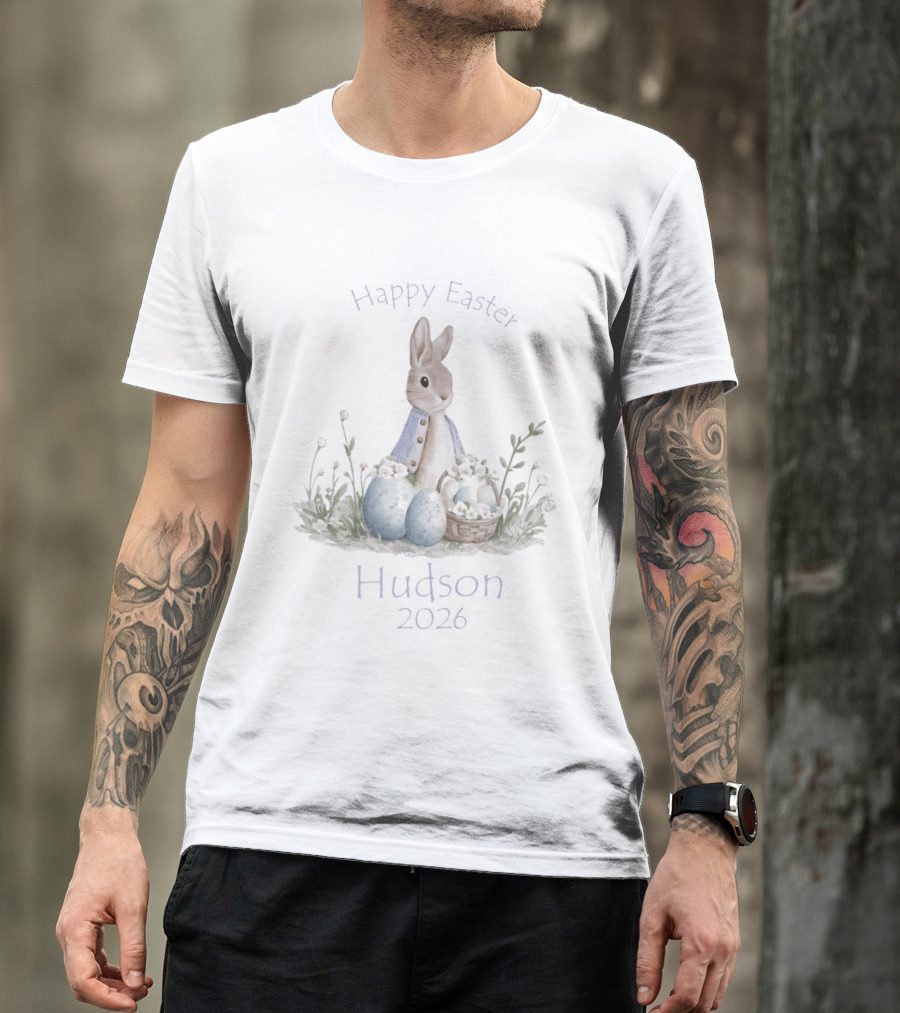 Happy Easter Hudson 2026 Bunny With Eggs And Basket T-Shirt