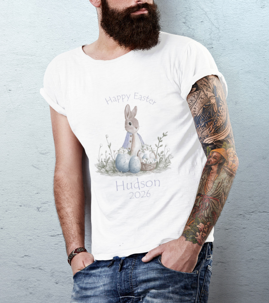 Happy Easter Hudson 2026 Bunny With Eggs And Basket T-Shirt