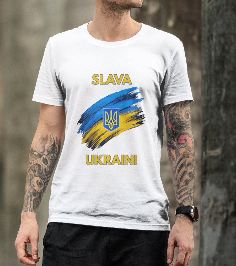 Slava Ukraini Emblem With Blue And Yellow Brush Strokes T-Shirt