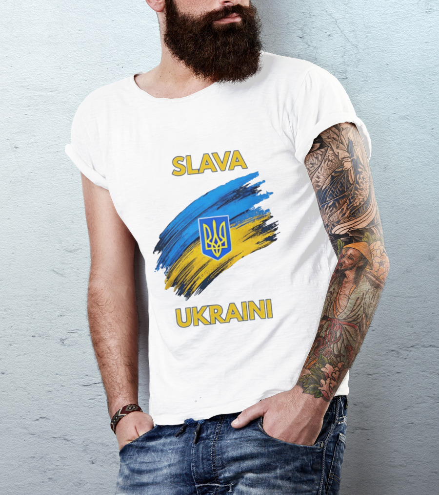 Slava Ukraini Emblem With Blue And Yellow Brush Strokes T-Shirt