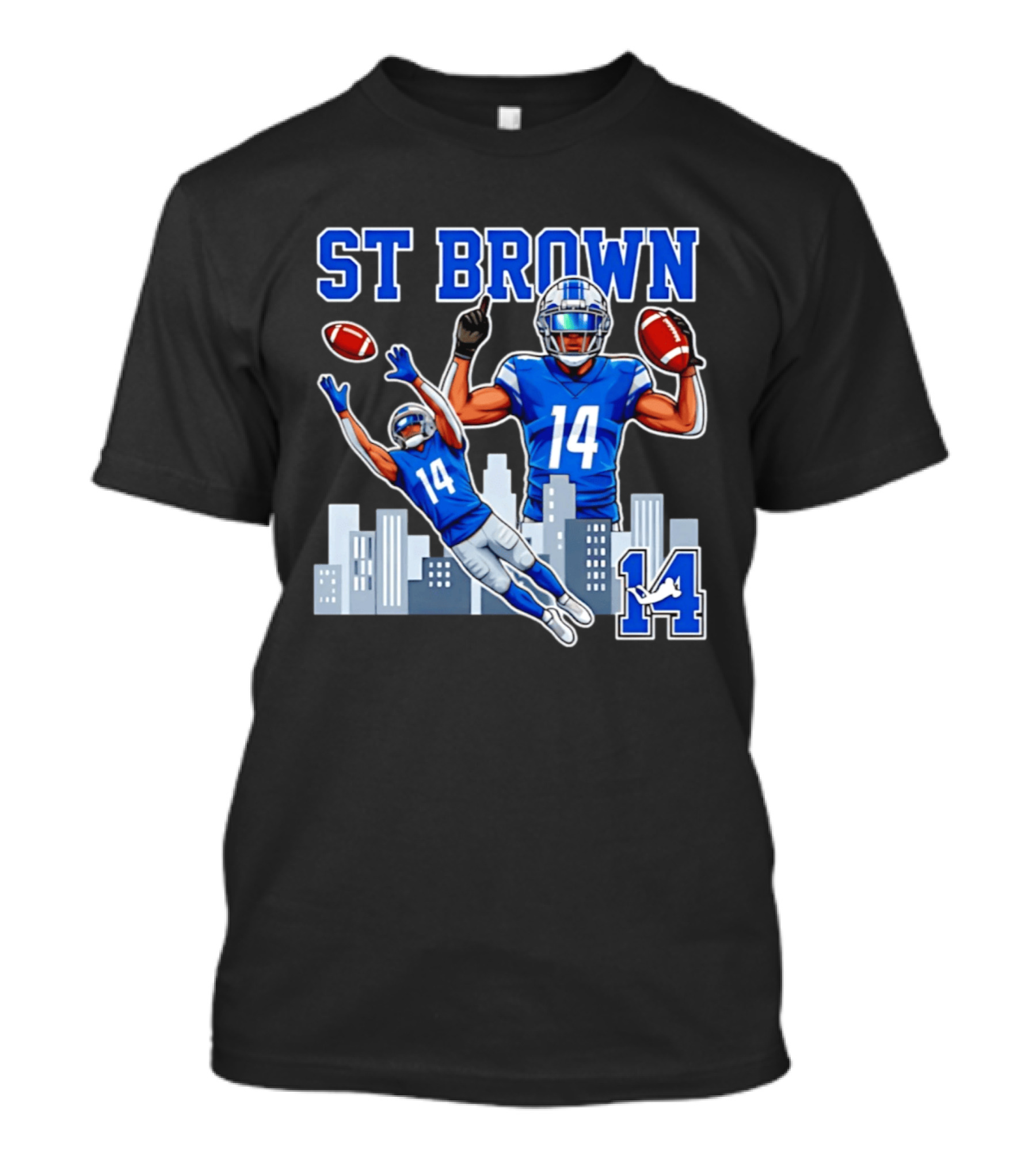 ST Brown 14 Detroit Lions Football City Skyline T-Shirt