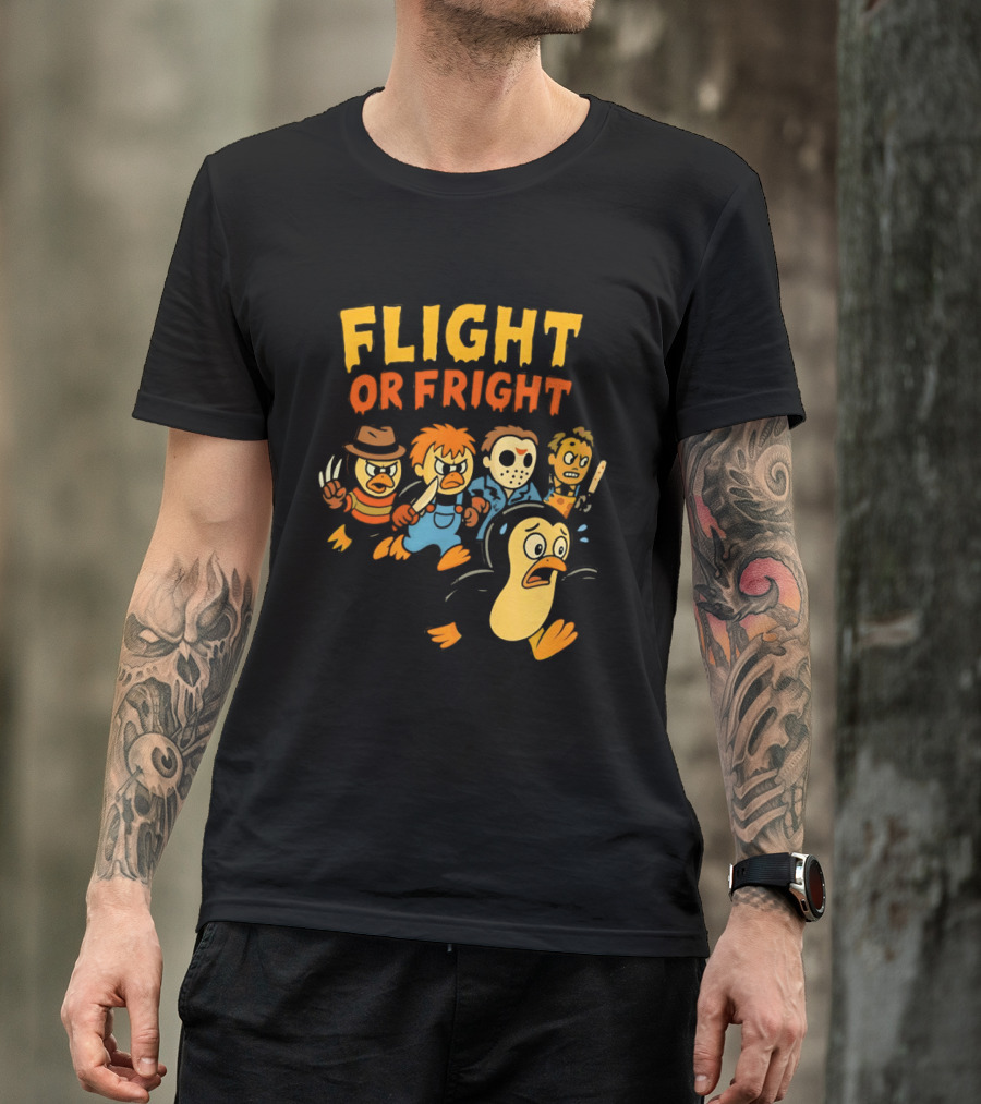 Flight Or Fright Penguin Horror Characters Comedy Mashup T-Shirt