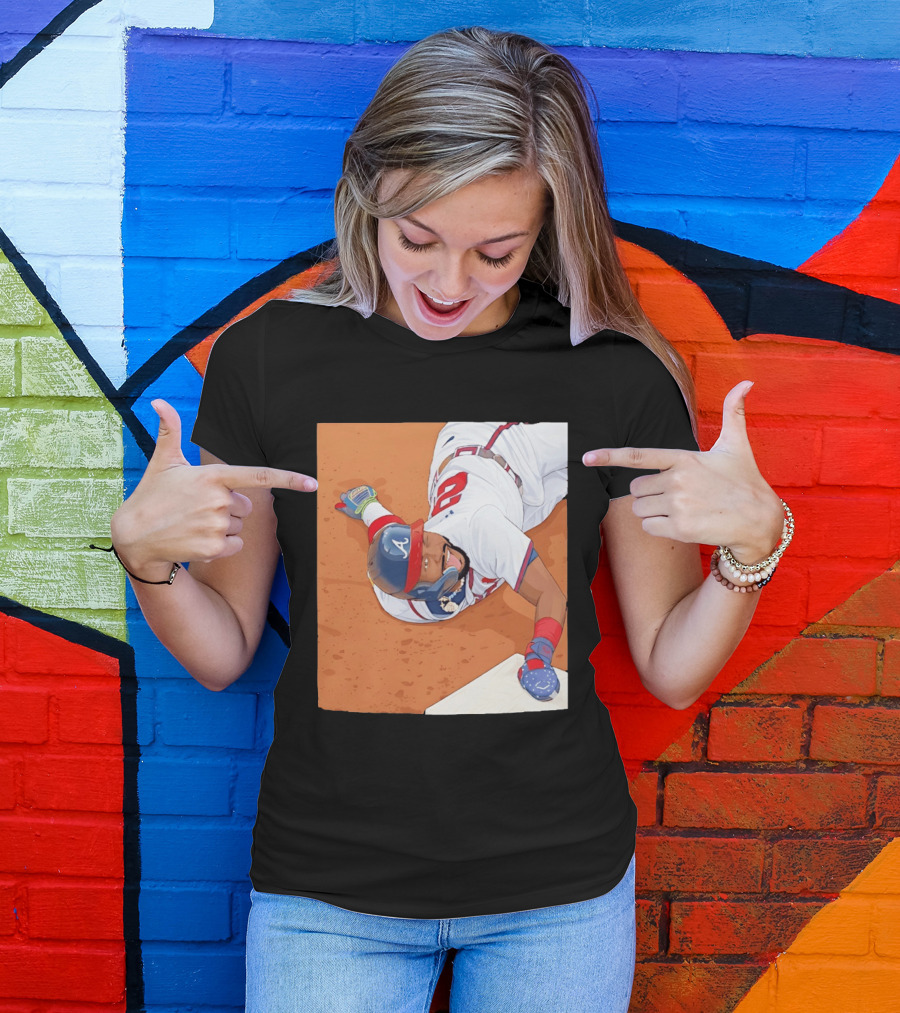 Ronald Acuna Jr Atlanta Braves Outfielder Sliding Baseball Action T-Shirt