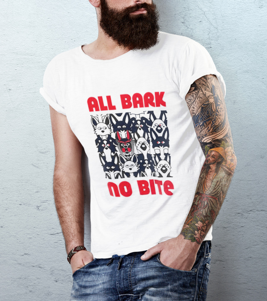 All Bark No Bite Bold Red Text Dark Canine Faces T-Shirt