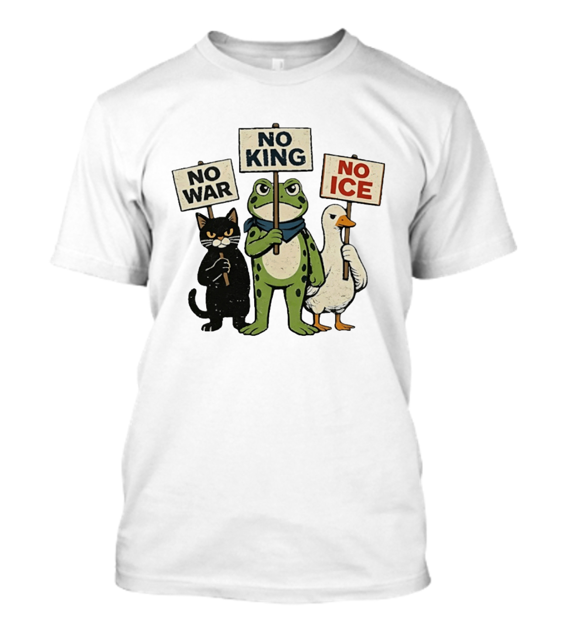 Black Cat Holing No War Frog Holding No King And Goose Holding No ICE Sign T-Shirt
