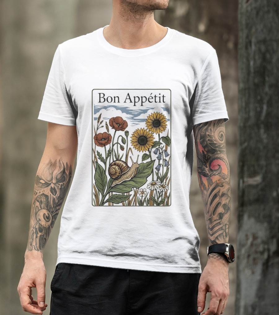 Bon Appétit Floral Snail Sunflowers And Poppies T-Shirt