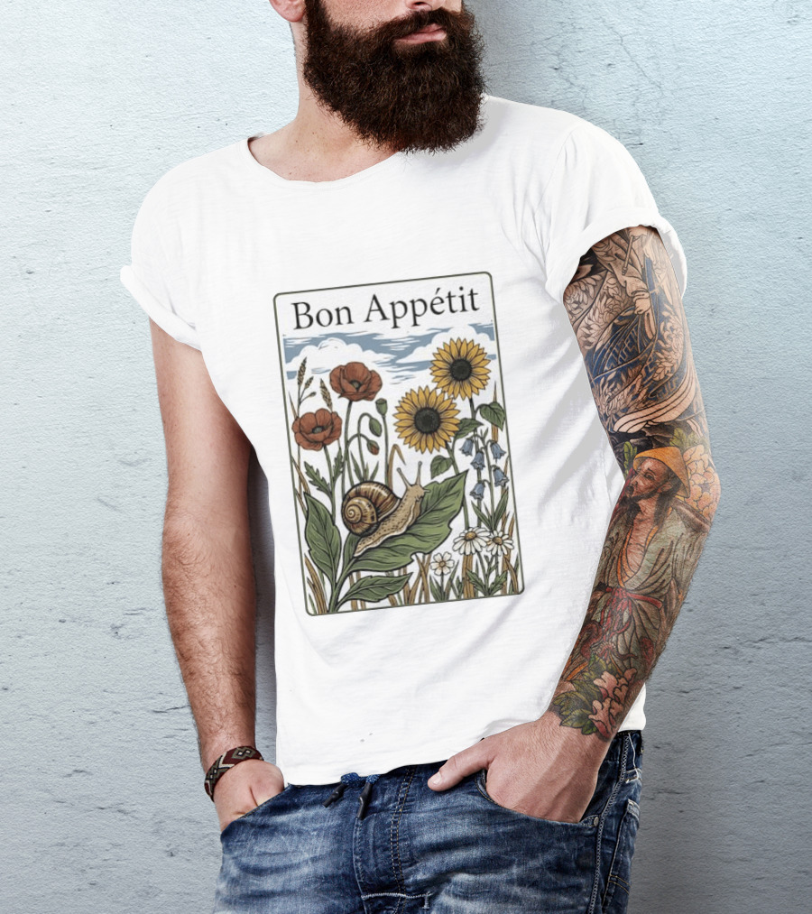 Bon Appétit Floral Snail Sunflowers And Poppies T-Shirt