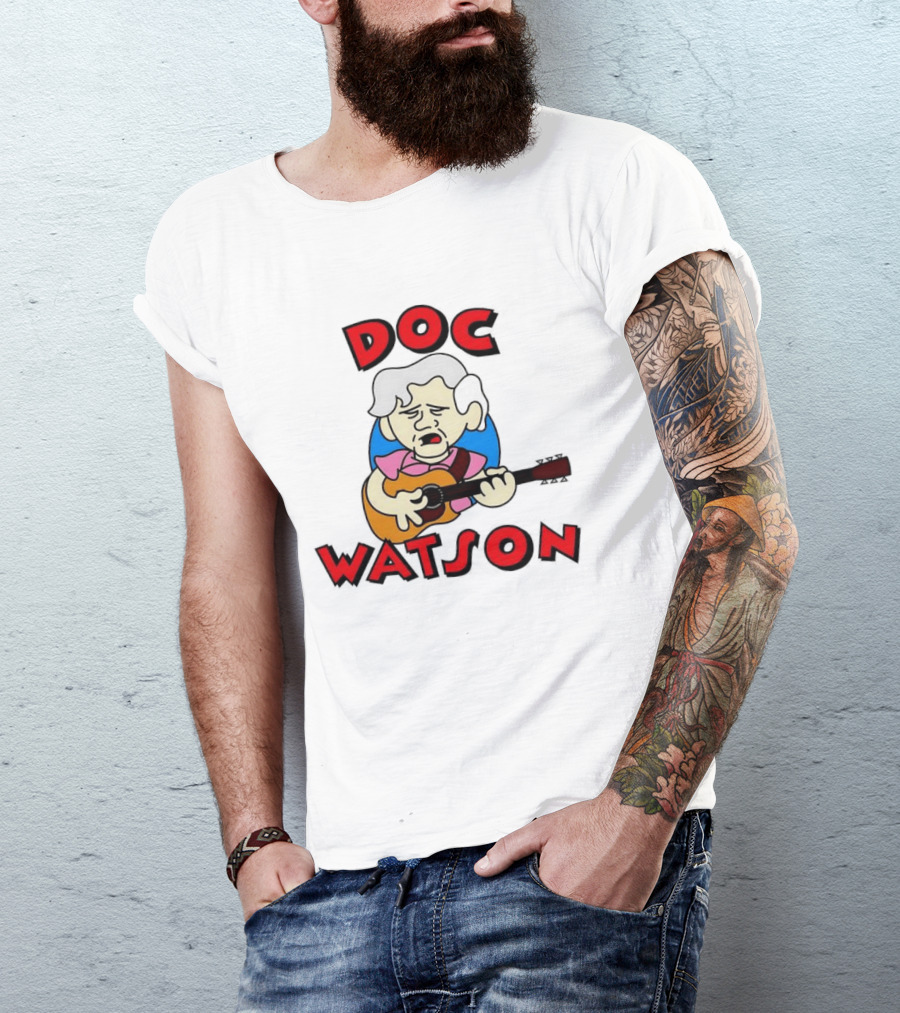 Doc Watson Cartoon Guitar Player Iconic Folk Music Legend T-Shirt