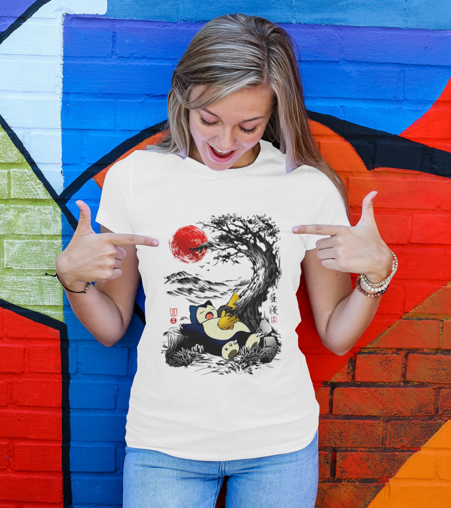 Snorlax Pikachu Napping Under Red Sun Tree T-Shirt