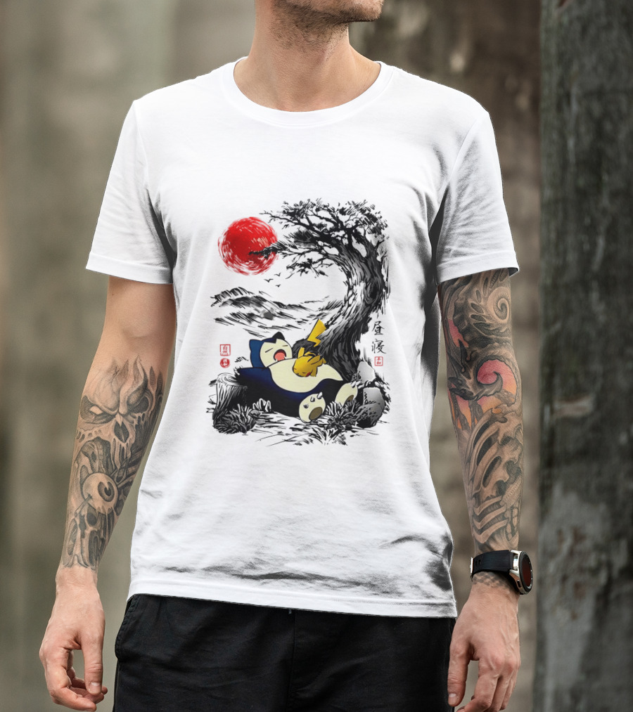 Snorlax Pikachu Napping Under Red Sun Tree T-Shirt
