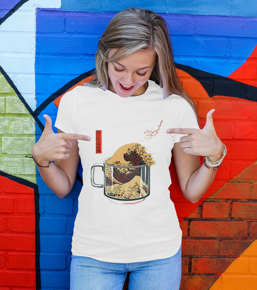 The Great Wave Of Coffee In A Cup With Japanese T-Shirt
