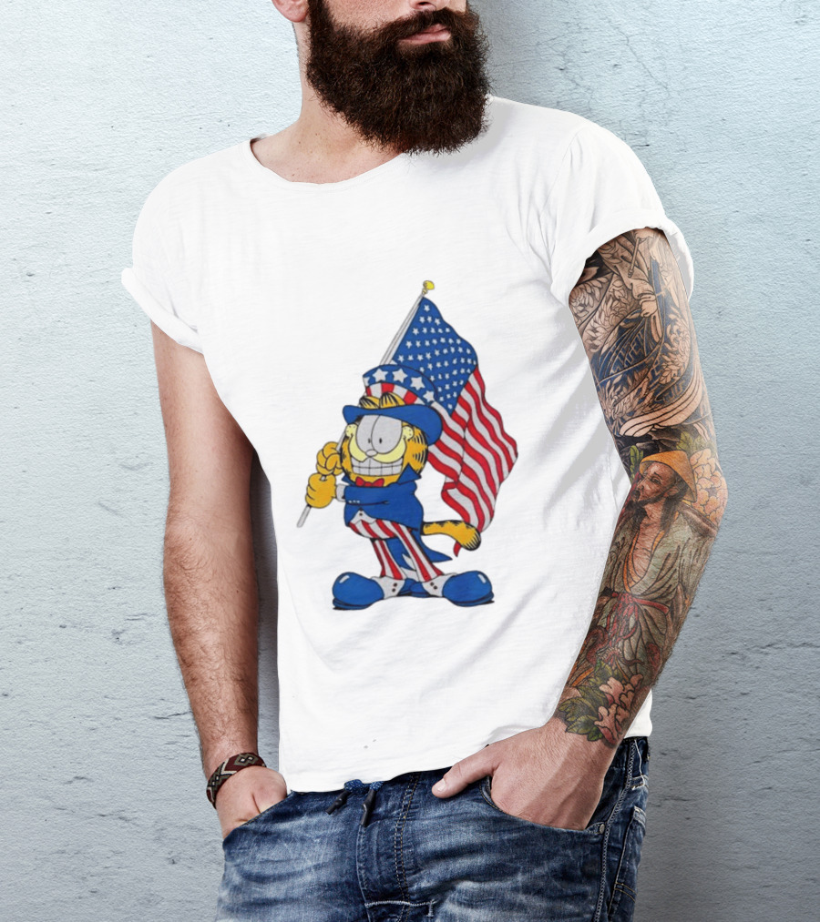 Orange Cat 250 Years Of Freedom Garfield Uncle Sam American Flag T-Shirt