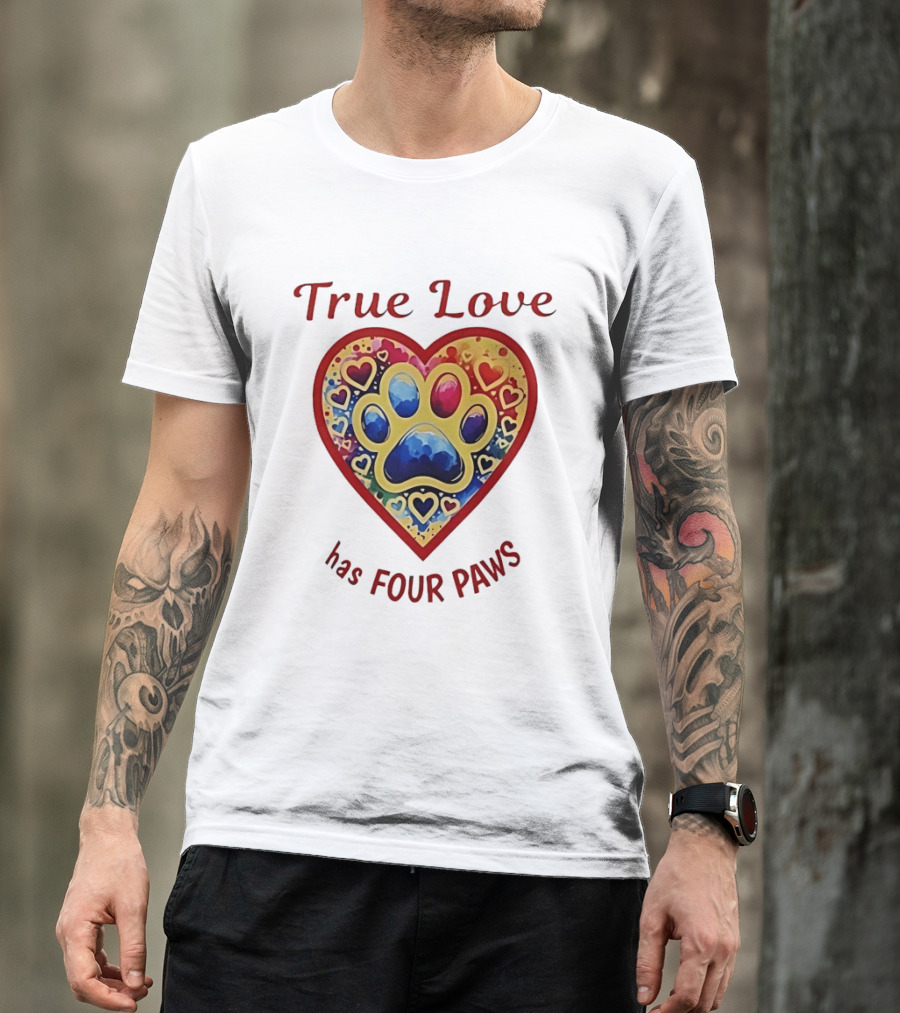 True Love Has Four Paws Heart With Colorful Paw Print And Hearts T-Shirt