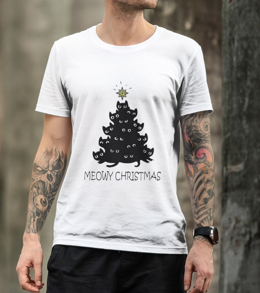 Black Cat Pine Tree Shape Meowy Christmas Star T-Shirt