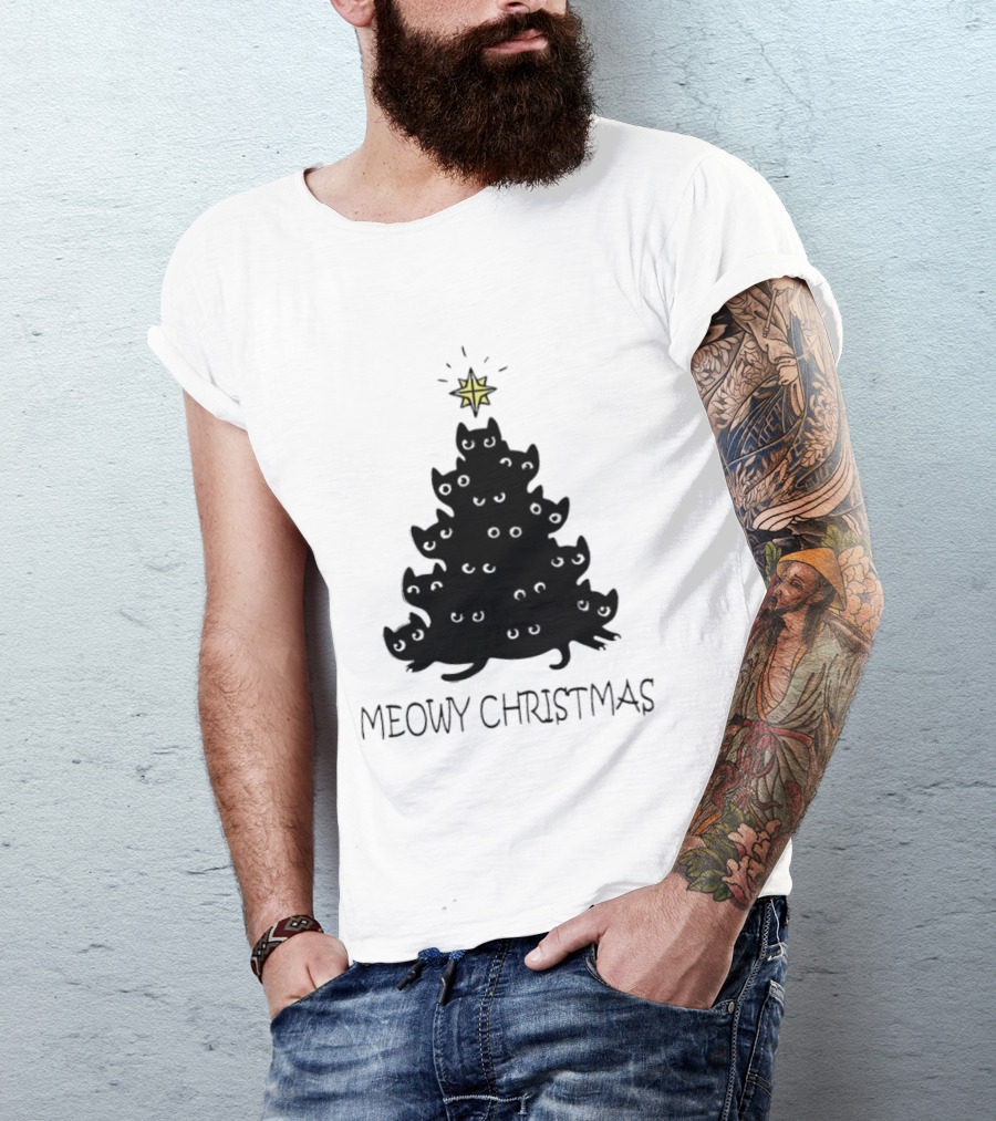Black Cat Pine Tree Shape Meowy Christmas Star T-Shirt
