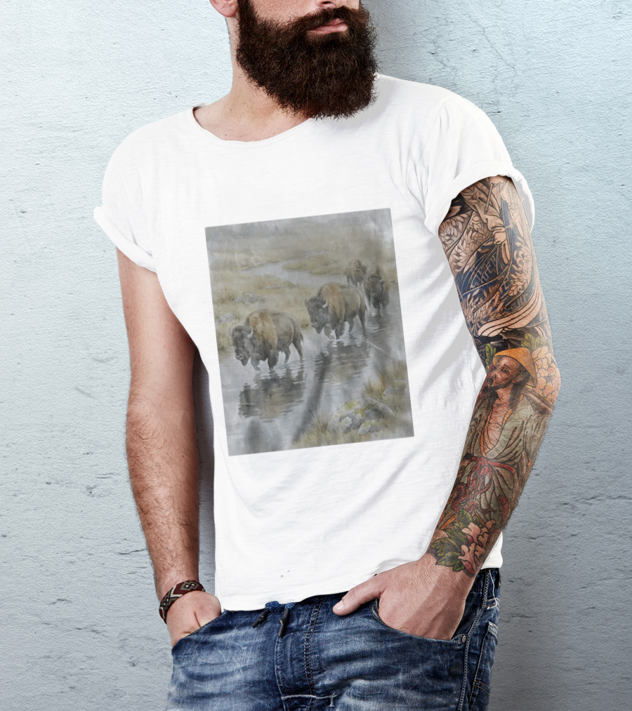 Bison Herd Crossing River On Prairie Landscape Scene T-Shirt