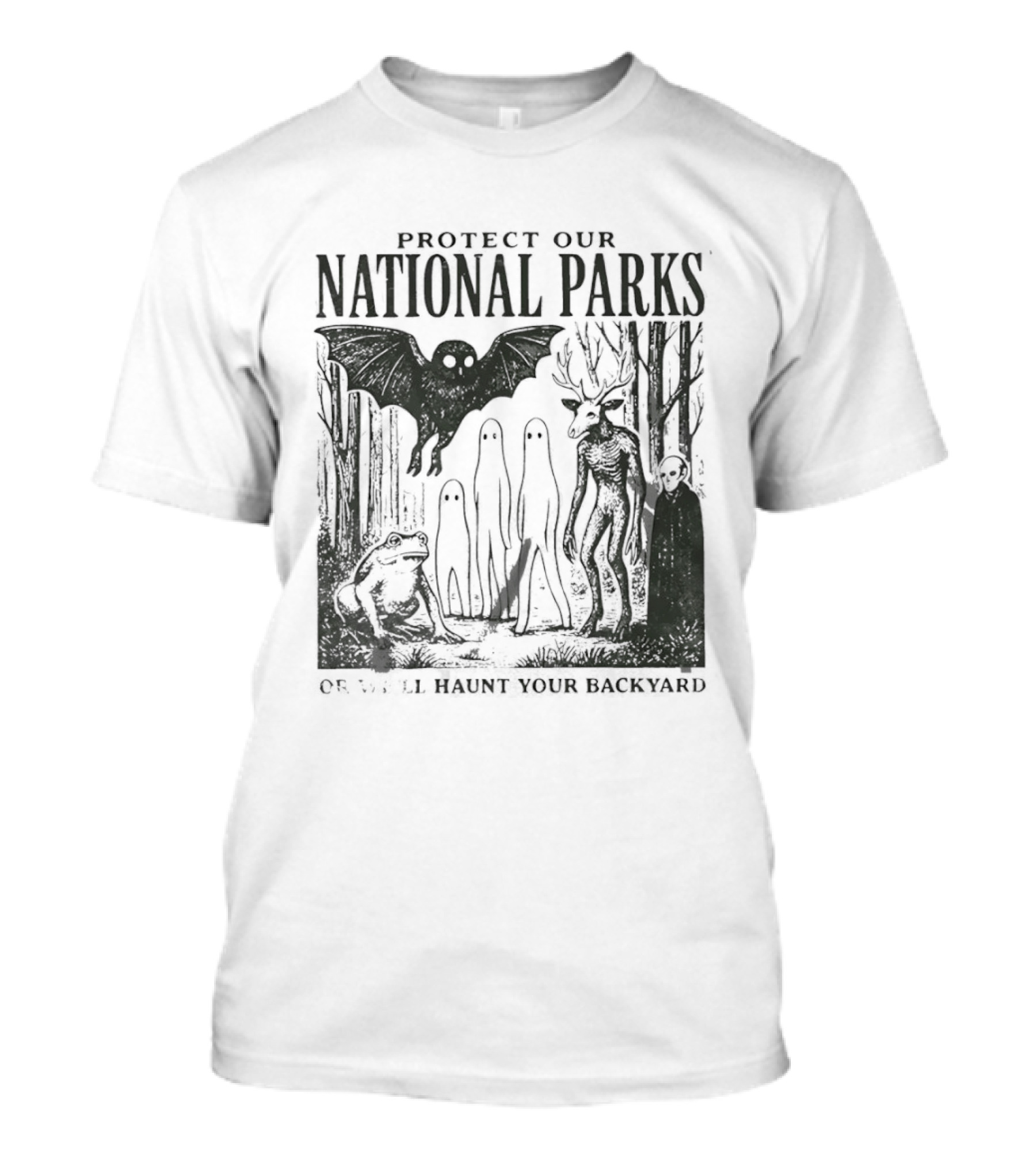 Protect Our National Parks Mothman Bigfoot Ghost Deer Cryptid Horror Characters T-Shirt