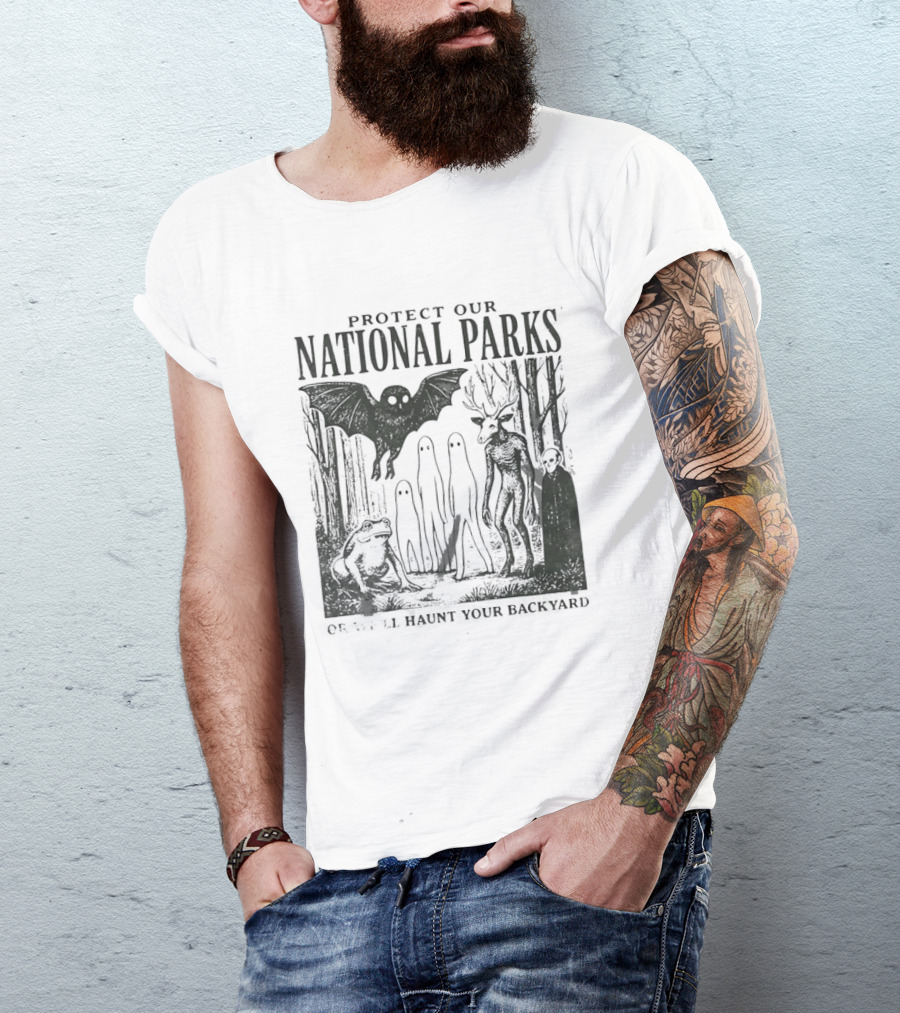 Protect Our National Parks Mothman Bigfoot Ghost Deer Cryptid Horror Characters T-Shirt