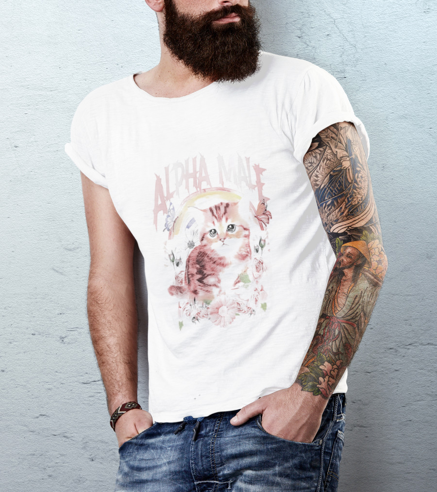 Alpha Male Cat With Floral And Butterfly T-Shirt