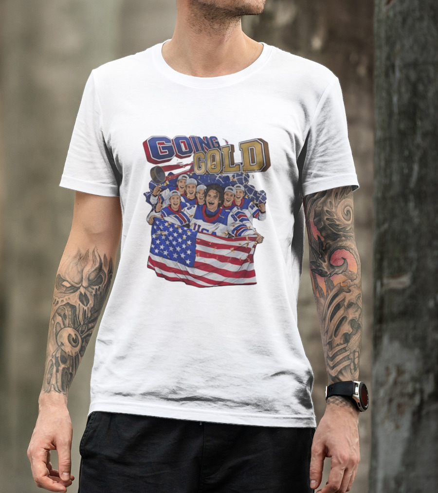 GOING GOLD USA Hockey Team Celebration With Flag T-Shirt