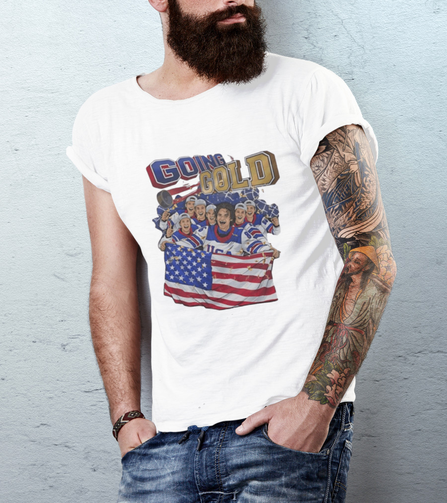 GOING GOLD USA Hockey Team Celebration With Flag T-Shirt