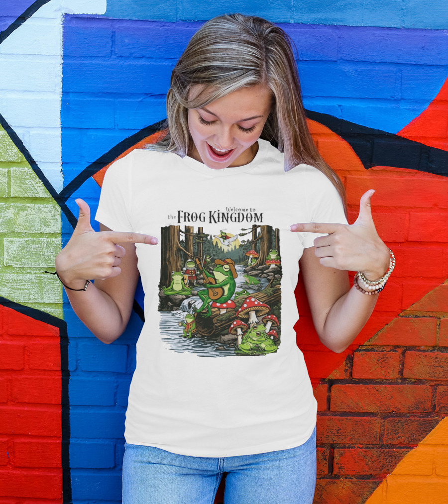 Frog Playing Guitar Forest Gathering Welcome To The Frog Kingdom T-Shirt