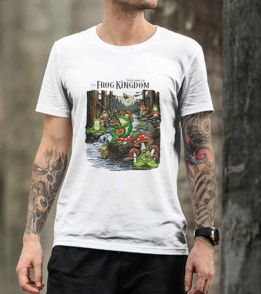 Frog Playing Guitar Forest Gathering Welcome To The Frog Kingdom T-Shirt
