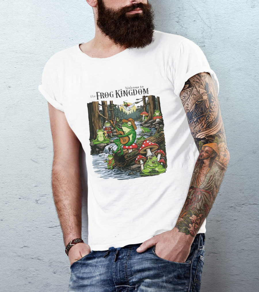 Frog Playing Guitar Forest Gathering Welcome To The Frog Kingdom T-Shirt