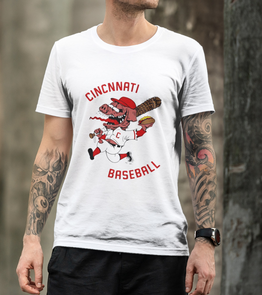 Cincinnati Baseball Pig Holding Hot Dog Bat T-Shirt