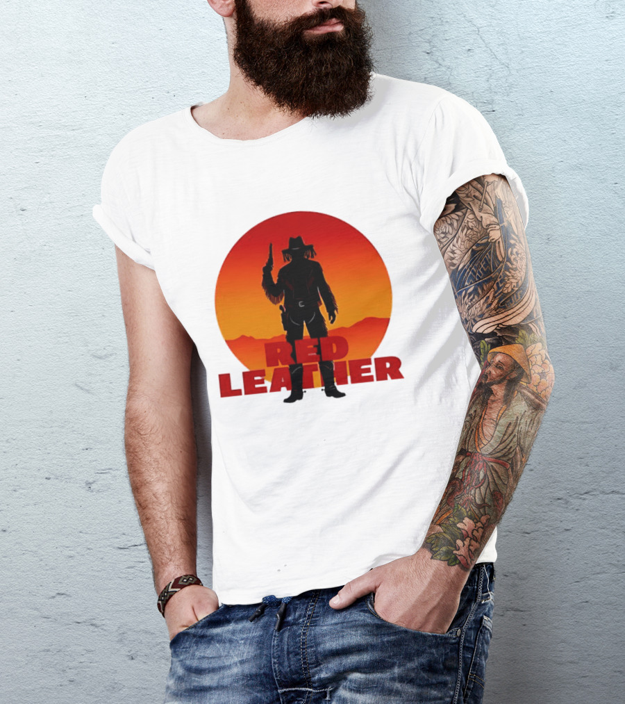 Red Leather Cowboy Sunset Silhouette With Gun And Hat In Desert T-Shirt