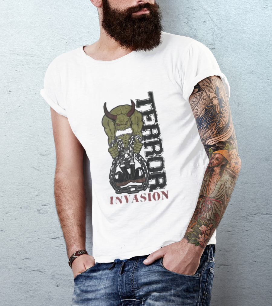 Terror Invasion Demon Holding Chains Warrior Monster T-Shirt