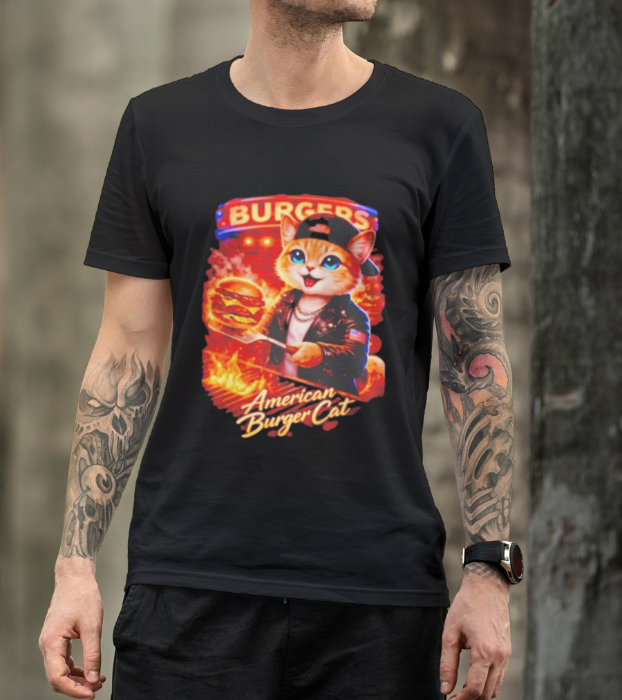 Burgers Flame Grilling American Burger Cat Fun T-Shirt