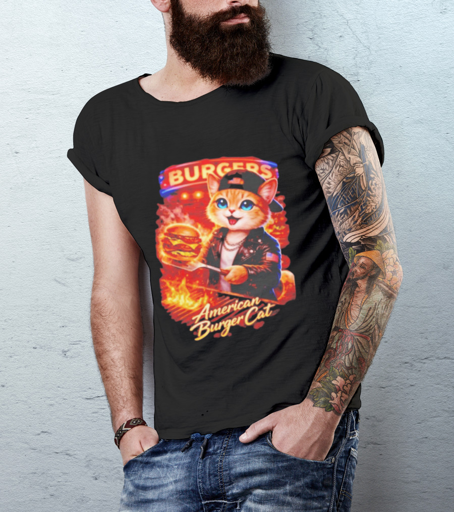 Burgers Flame Grilling American Burger Cat Fun T-Shirt