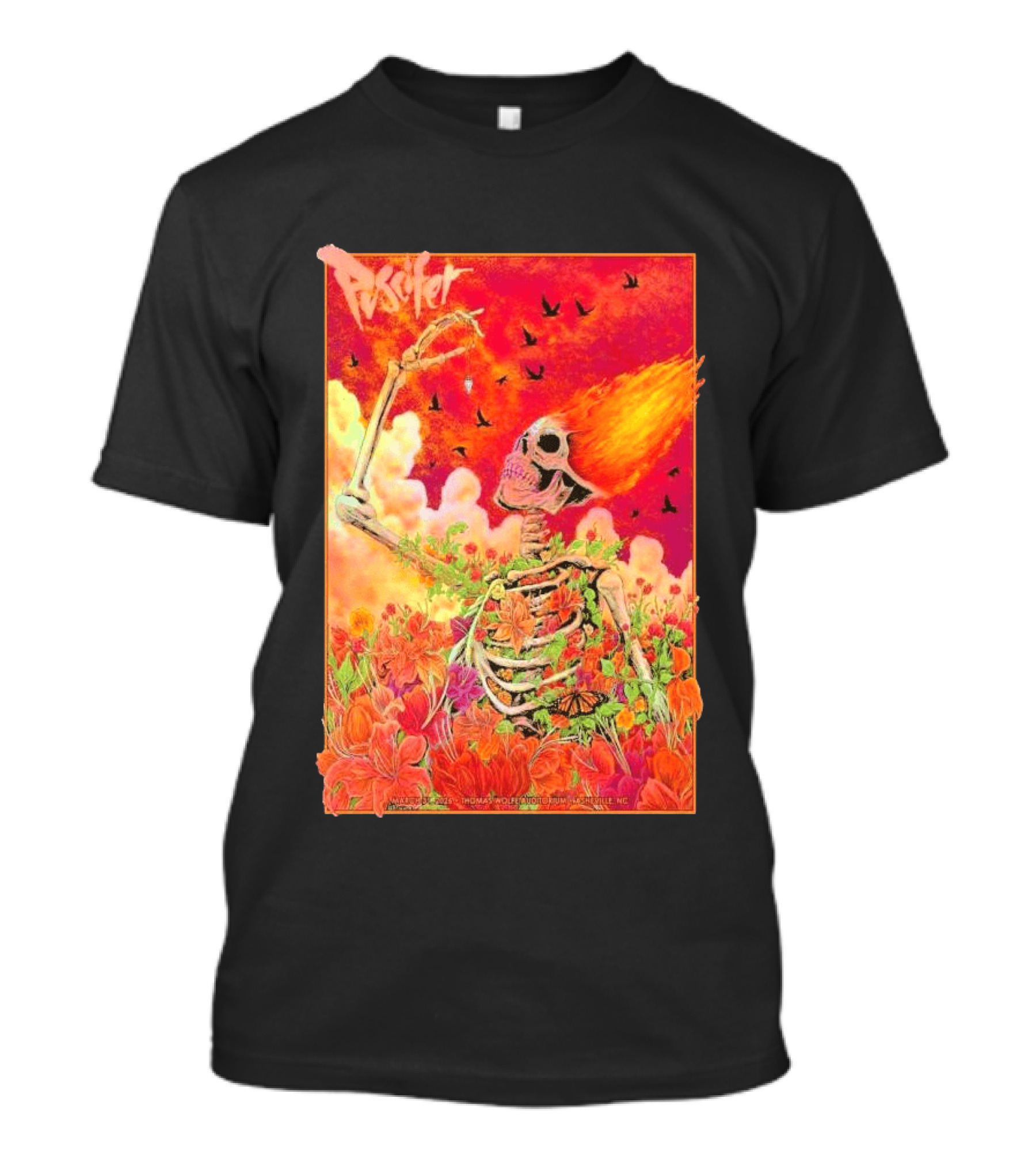 Puscifer March 31 2026 Thomas Wolfe Auditorium Asheville NC Skeleton Flames Flowers T-Shirt