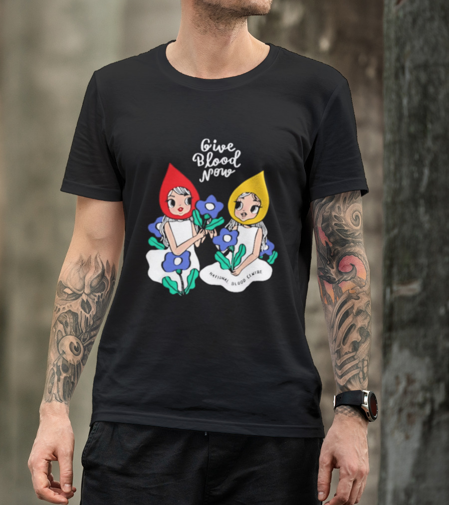 Give Blood Now National Blood Centre Cartoon Girls With Flowers T-Shirt