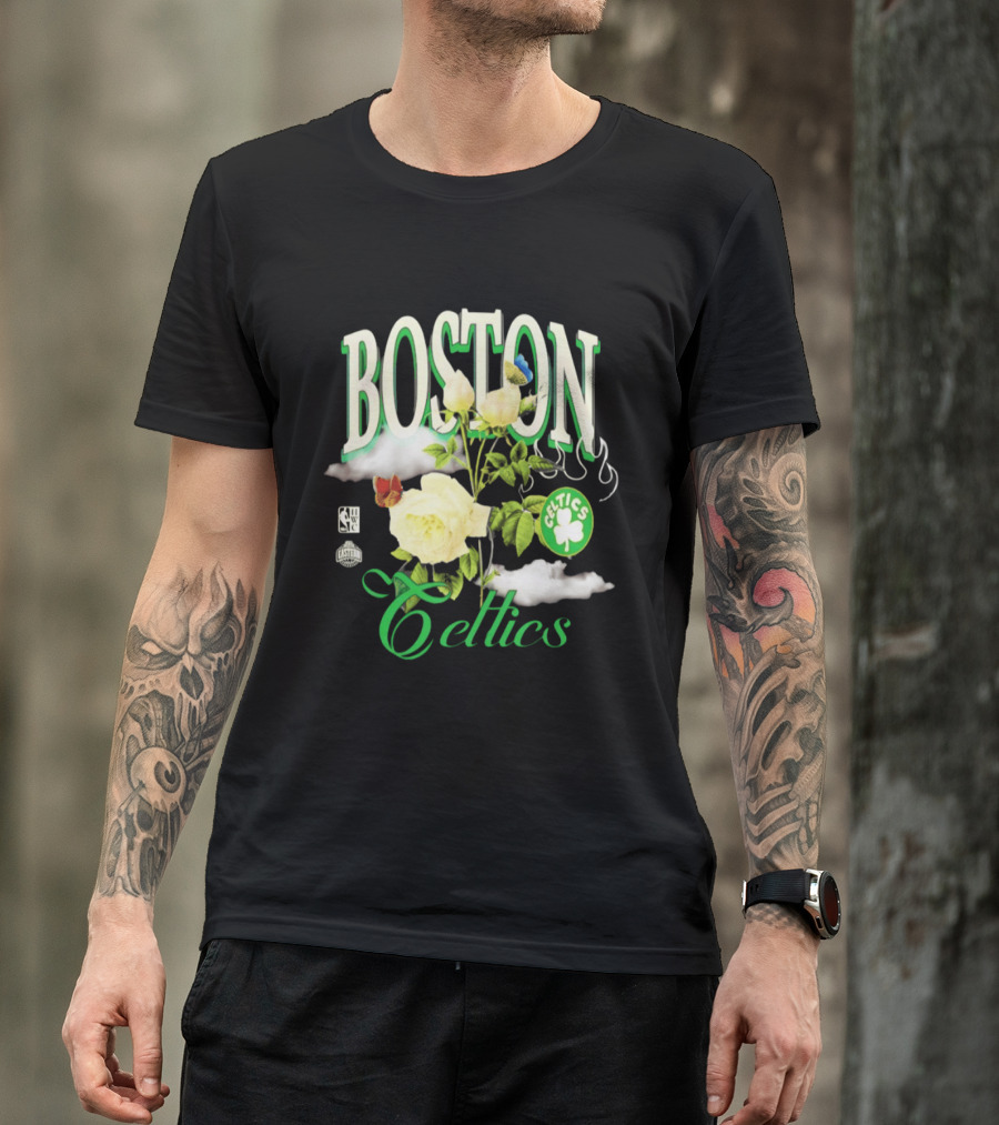 Boston Celtics Floral Roses With Butterfly And Shamrock T-Shirt
