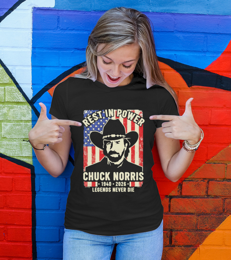 Rest In Power Chuck Norris Legends Never Die 1940 2026 Patriotic Western Cowboy T-Shirt