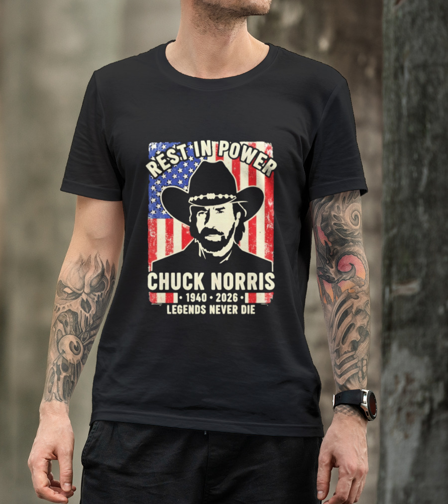 Rest In Power Chuck Norris Legends Never Die 1940 2026 Patriotic Western Cowboy T-Shirt